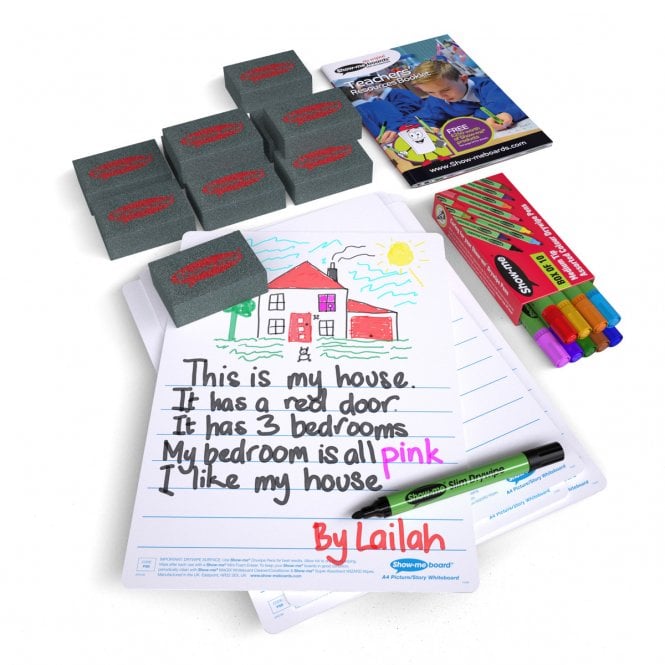 Show-me Pack of 10 x A4 Picture Story Drywipe Boards, Pens and Erasers